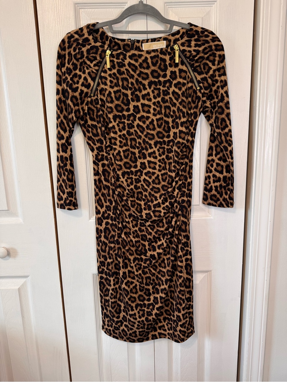 Michael Kors Leopard Print Ruched Sheath Dress Brown/Black Size Small 3/4 Sleeve - Picture 3 of 15